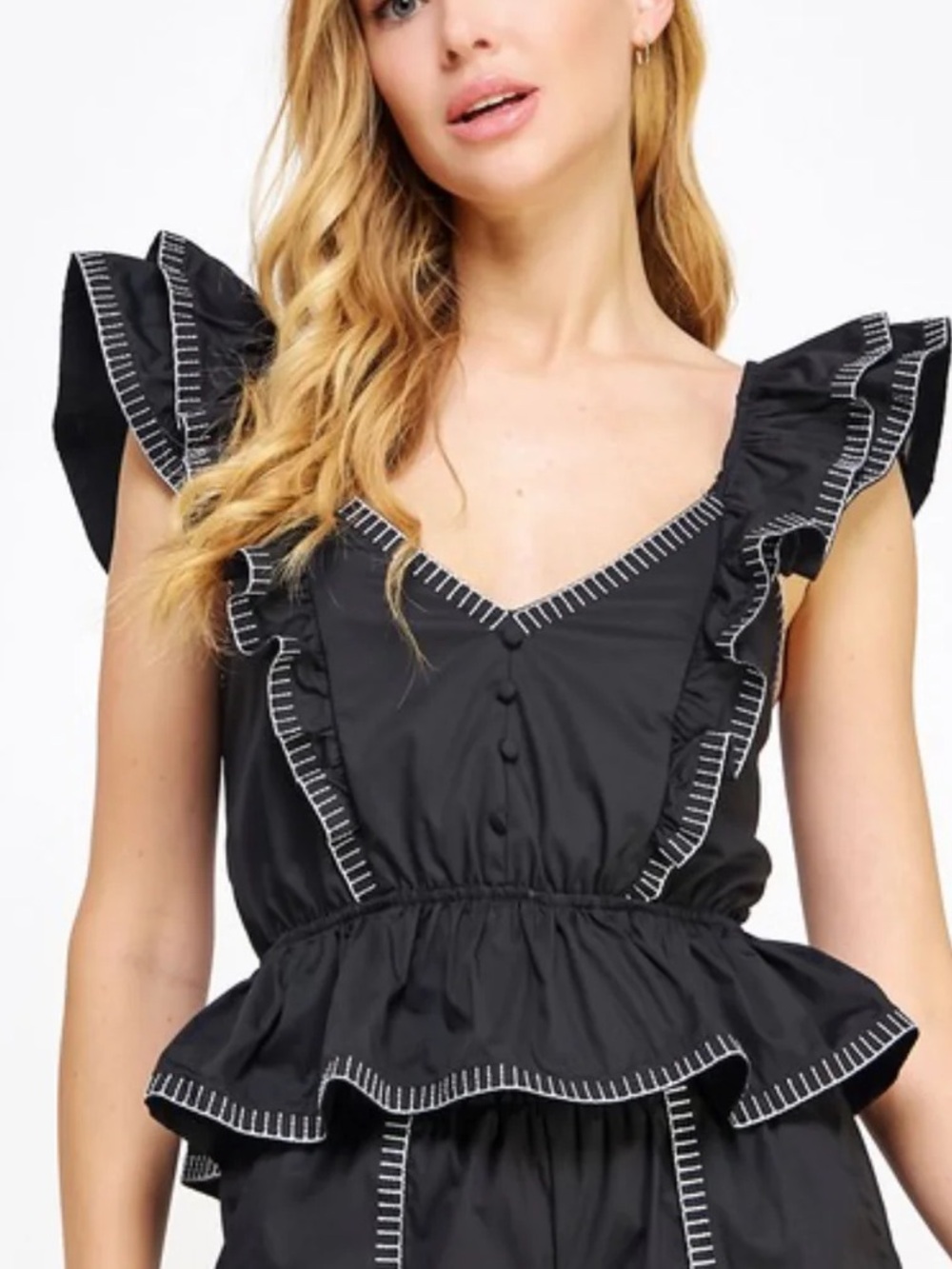 Ruffle Trim Black Tops